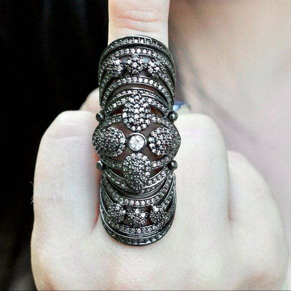 GORGEOUS SILVER GUNMETAL CZ COVERED JOINTED FULL FINGER SHIELD KNUCKLE RING NWT - Picture 5 of 11